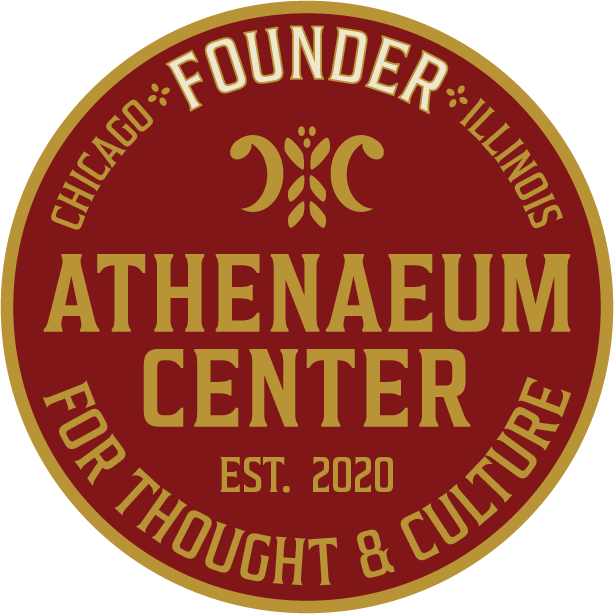Badge with red background and gold text that says "Athenaeum Center Founder"