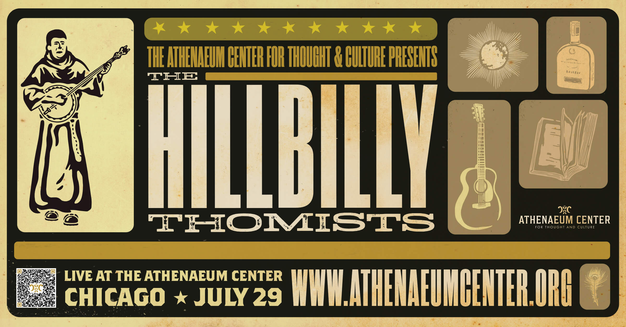 Vintage Bluegrass band poster for a concert in Chicago July 2022 with bourbon, guitar, a friar, horizontal, the Hillbilly Thomists