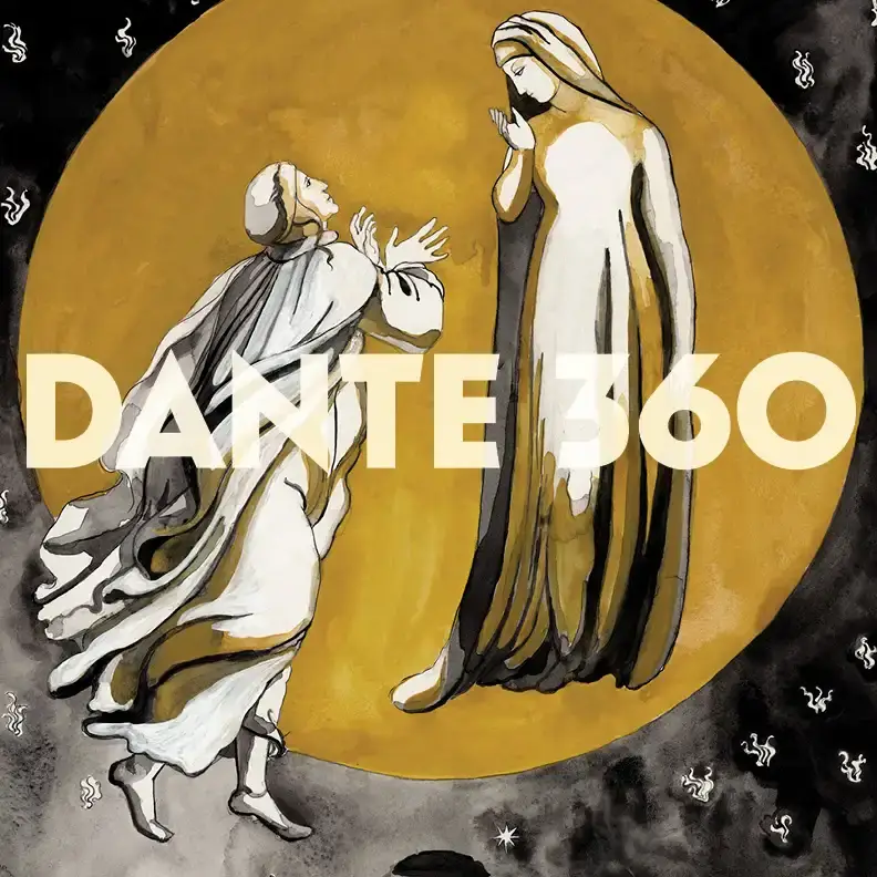 A watercolor mixed media painting of Dante and Beatrice in paradiso on a gold sun in the background, by Mariana Langley