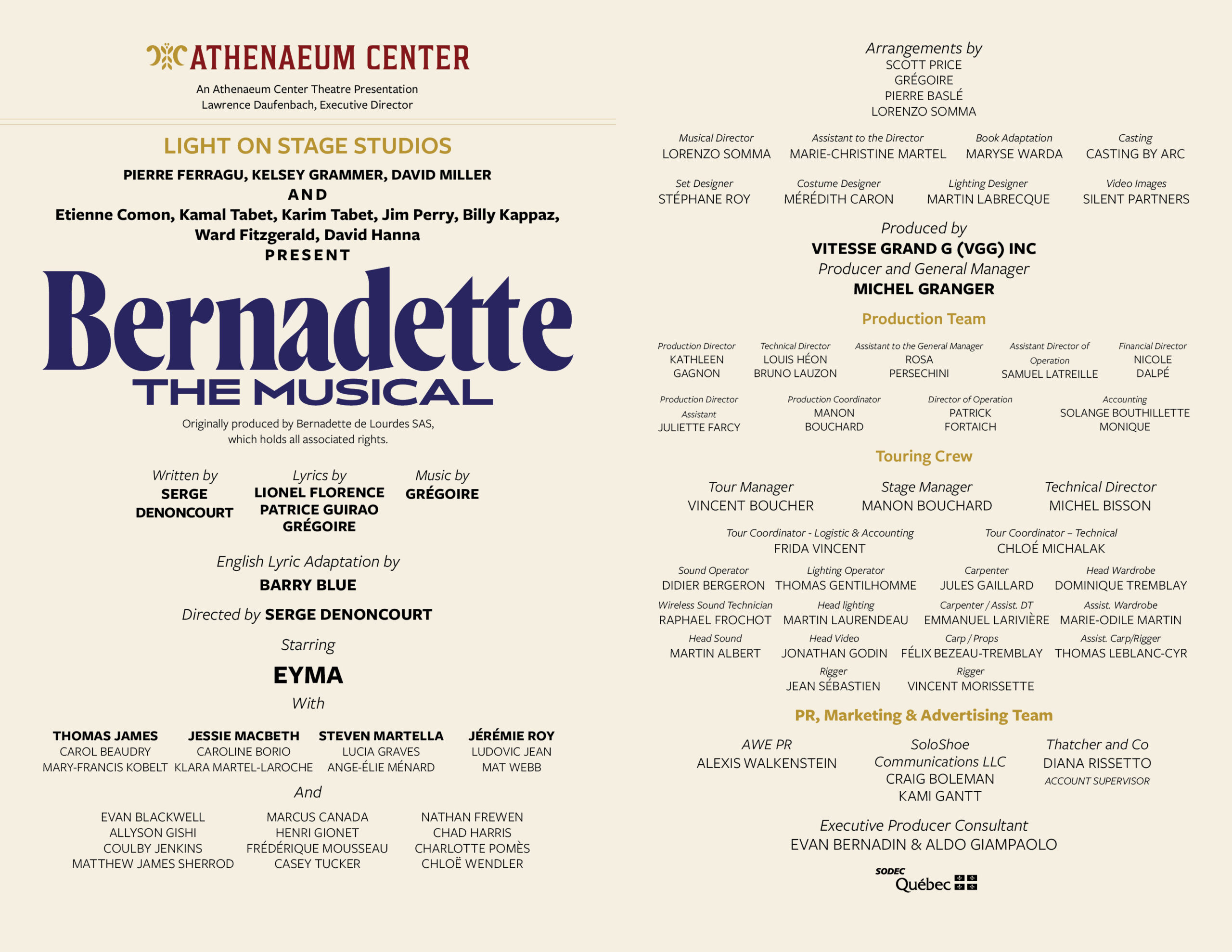 Bernadette, The Musical Program - 2026 - Athenaeum Center for