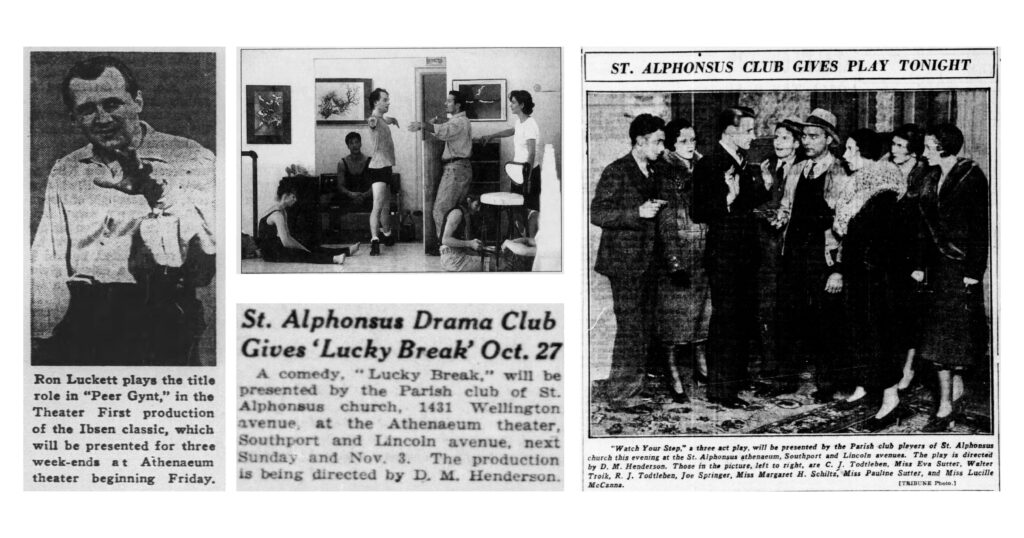 Chicago Tribune clippings showing St. Alphonsus Athenaeum theatre history